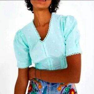 NWT FARM RIO Harmonia Turquoise Eyelet Crochet Short Puff Sleeve Crop Top Size M